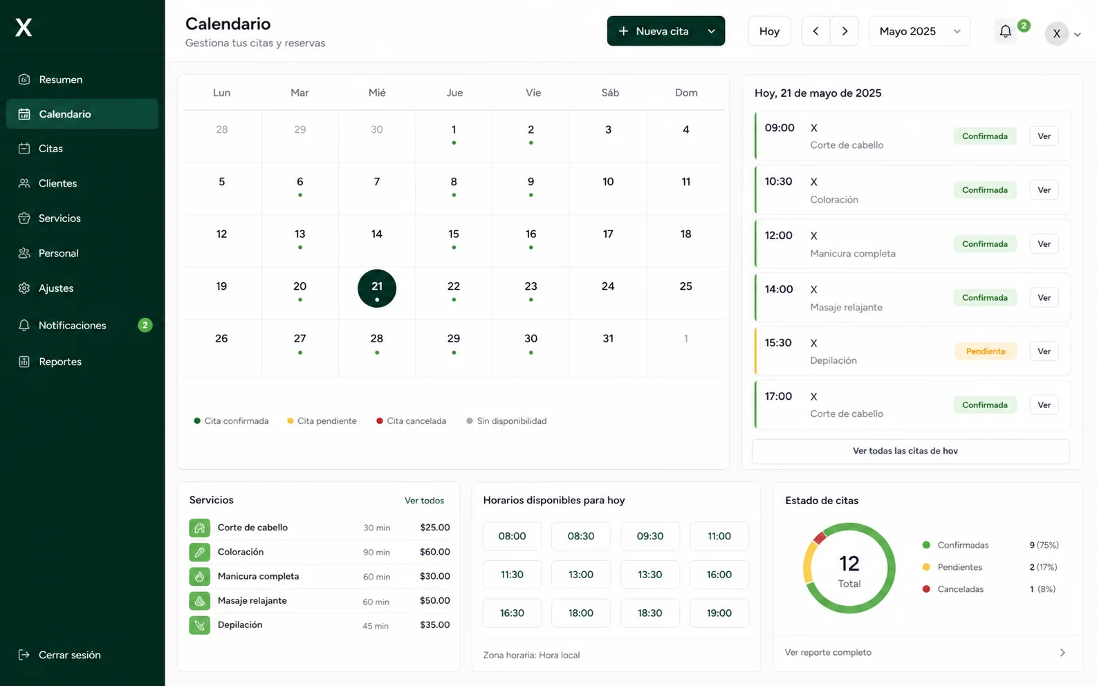 Vista demostrativa de un sistema de citas y reservas